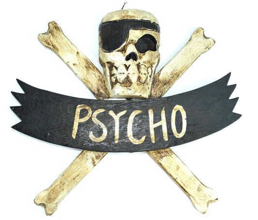 LG 12 inch Hand Carved Wood Pirate Skull Cross Bone Psycho Sign Plaque Wall Art Decor