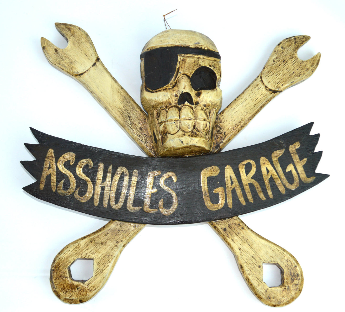 LG 12 inch Hand Carved Wood Pirate Skull Cross Bone With Wrenches"ASSHOLE'S GARAGE" Sign Plaque Wall Art Decor
