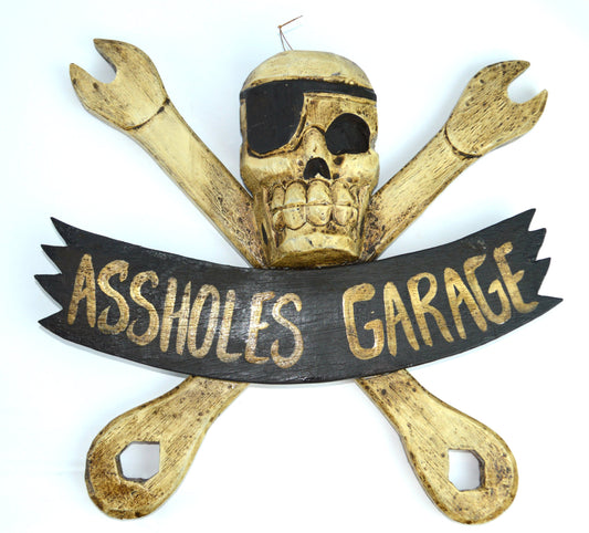 LG 12 inch Hand Carved Wood Pirate Skull Cross Bone With Wrenches"ASSHOLE'S GARAGE" Sign Plaque Wall Art Decor