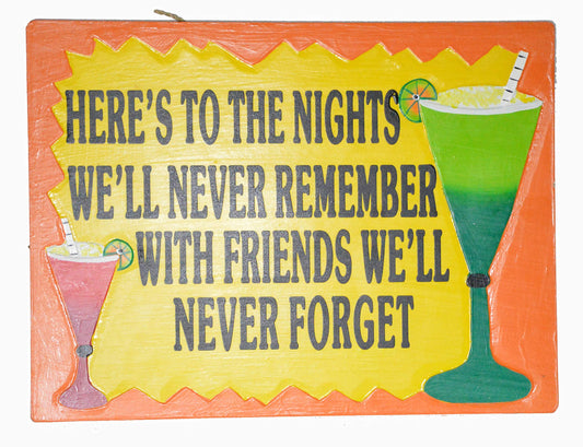 WorldBazzar Hand Carved Wooden HERE is to The Nights We'll Never Remember with Friends We'll Never FORGETCocktails Drinking Beach Surfboard Sign