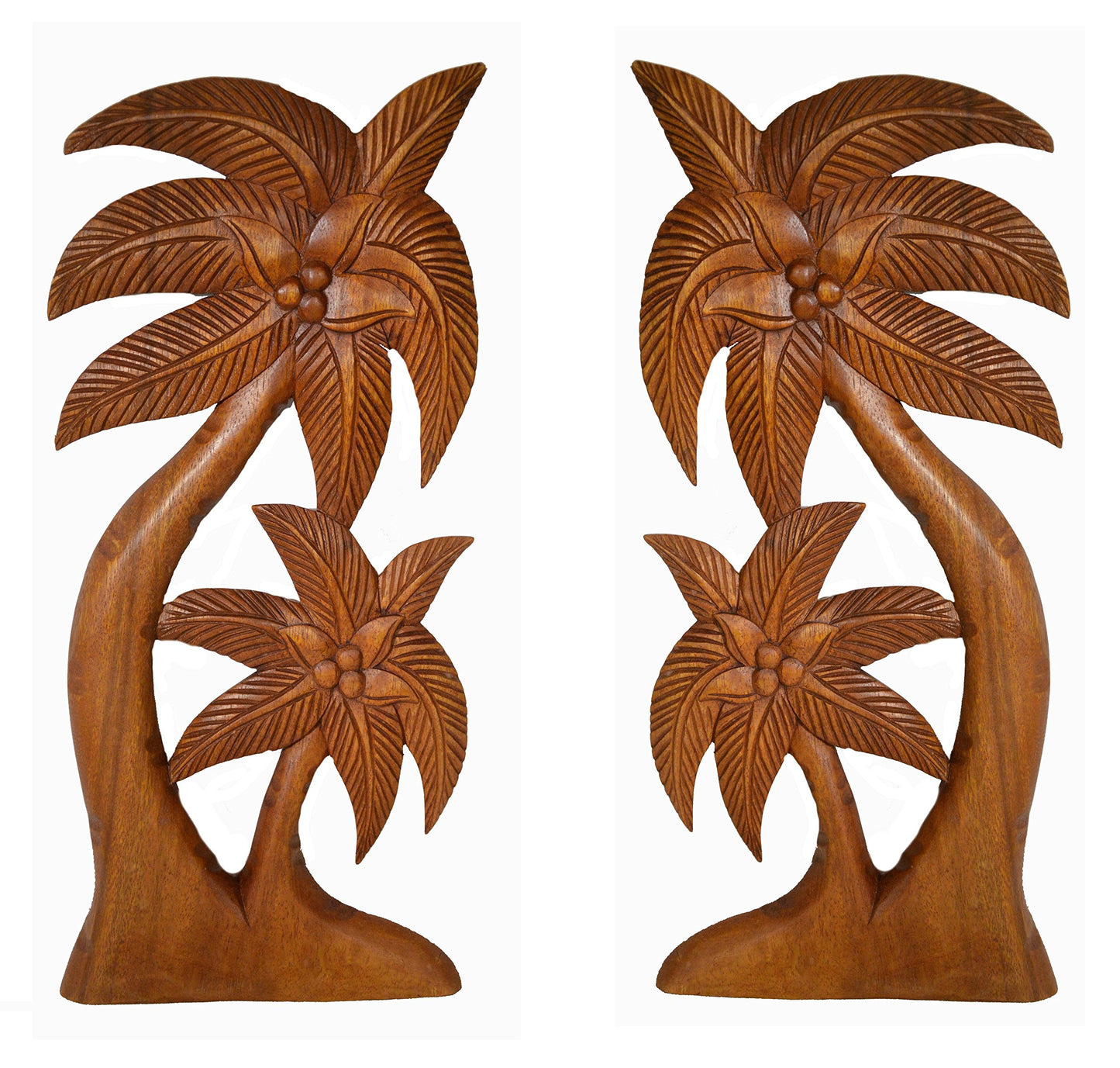Set of 2 Beautiful Mahogany Wood Palm Tree with Coconuts Tropical Island Wall Art
