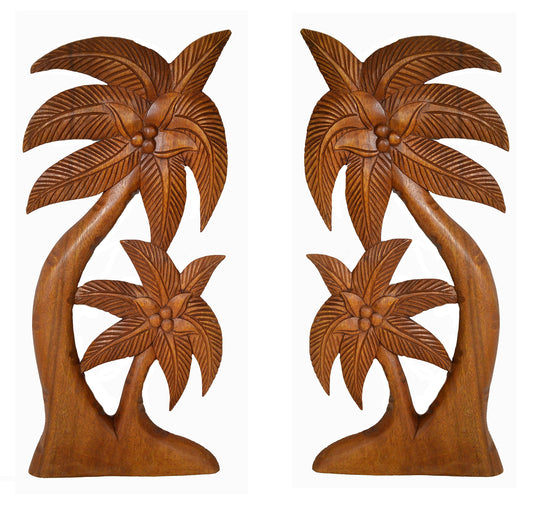 Set of 2 Beautiful Mahogany Wood Palm Tree with Coconuts Tropical Island Wall Art