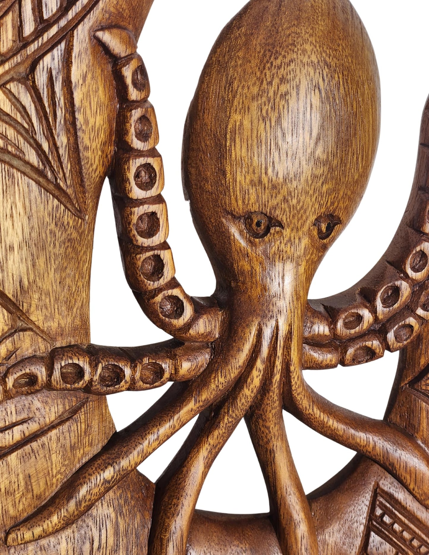 Beautiful Unique Hand Carved OCTOPUS on HOOK Nautical Tropical Coastal Island Style Wood Wall Art Picture Plaque