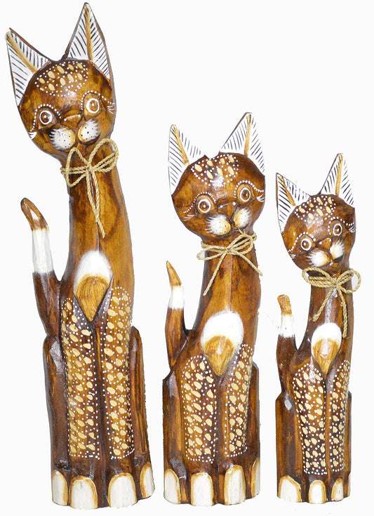 WorldBazzar Large Hand Carved Beautiful Set of 3 Wood Brown Cats 20, 16, 14 Pet Lover Find Tabby Siamese Persian American Ragdoll, Blue, Red, Brown, Green, Yellow, White, Pink, Black