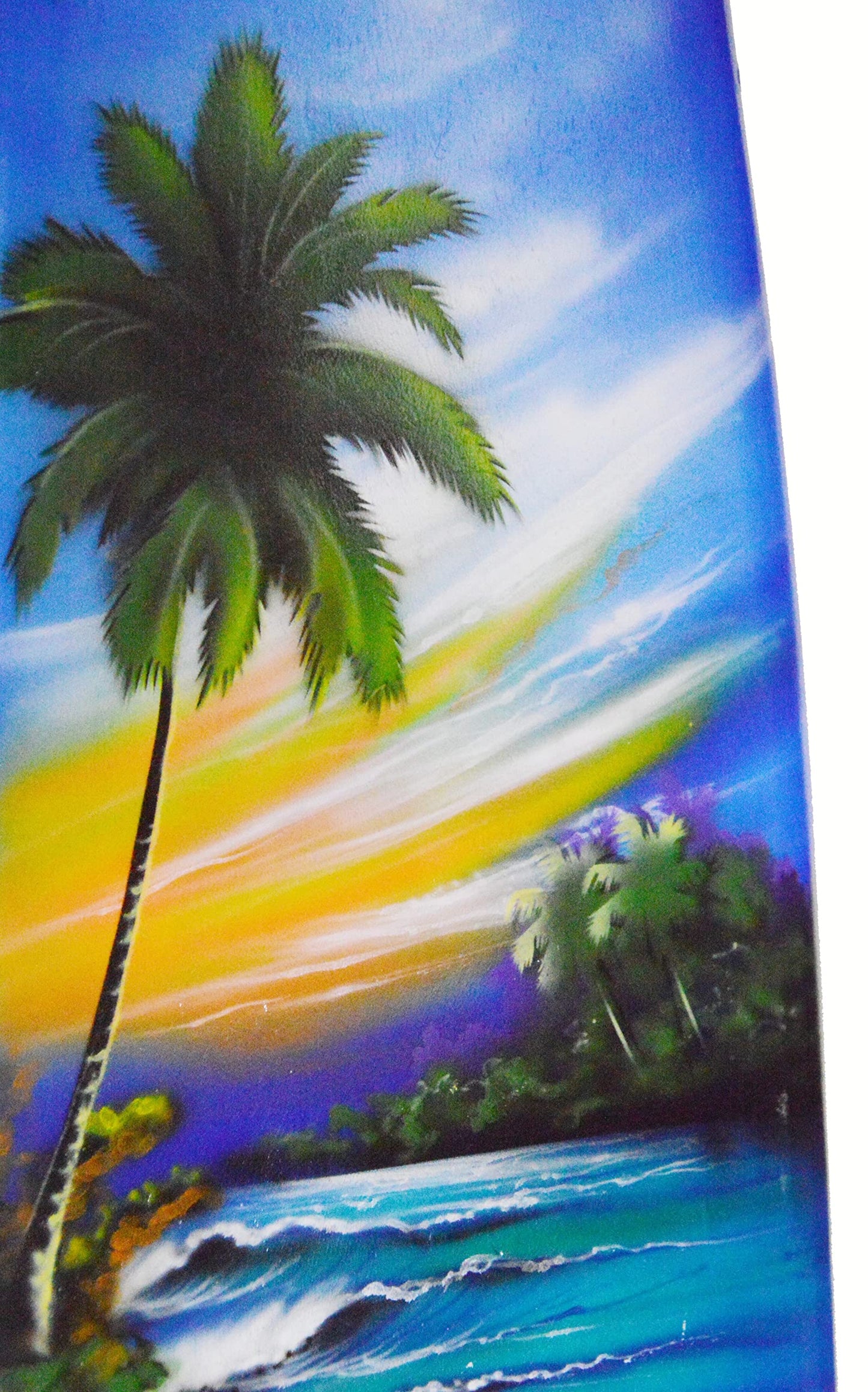 WorldBazzar Hand Carved Wooden Large SEA TURTLE Palm Tree Sunset Ocean Coral Fish Beach Art Airbrushed Surfboard Art Beer Tiki Bar, YELLOW, GREEN, WHITE, BROWN, BLUE